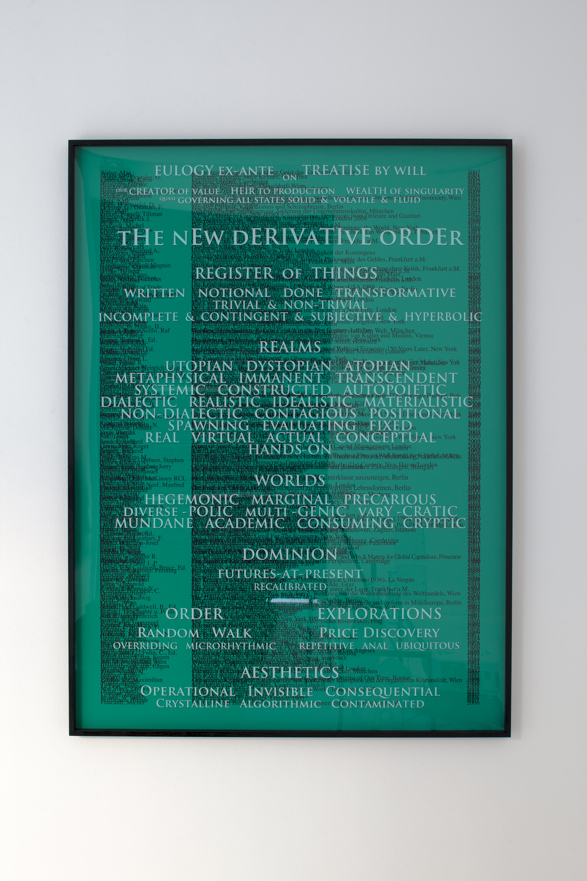 Gerald Nestler, <i>THE NEW DERIVATIVE ORDER</i>. Register, framed pigment print, 125 x 269 cm, 2014. Photograph by Wolfgang Thaler